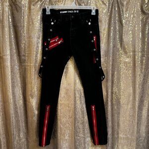 Hot Topic Men's Goth Black Red Stinger Skinny Jeans Grommet Suspenders 28x32